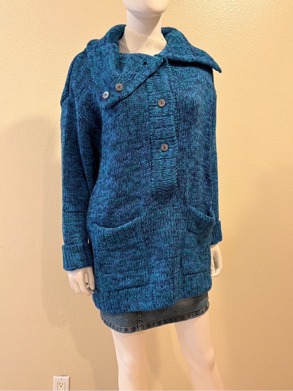 Vintage Joan Vass Knitted Tunic Sweater Size M Blue Green Pockets Acrylic Wool
